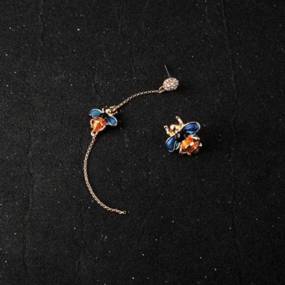 Blue Enamel Glaze Mismatch Crystal Bee Asymmetrical Gold Statement Drop Earrings - Picture 13 of 13